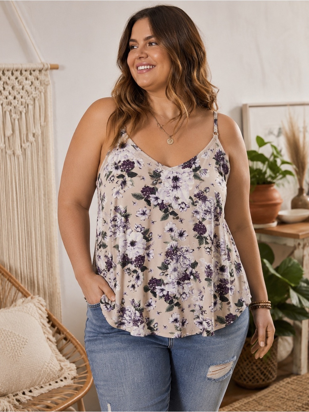 Torrid Size 5 Floral Cami Tank Top Plus Size 5X Purple Beige Adjustable Straps